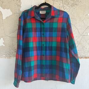Pendleton Shirt 100% Wool Plaid Flannel USA Made Button Up Womens XL Vtg 1970s